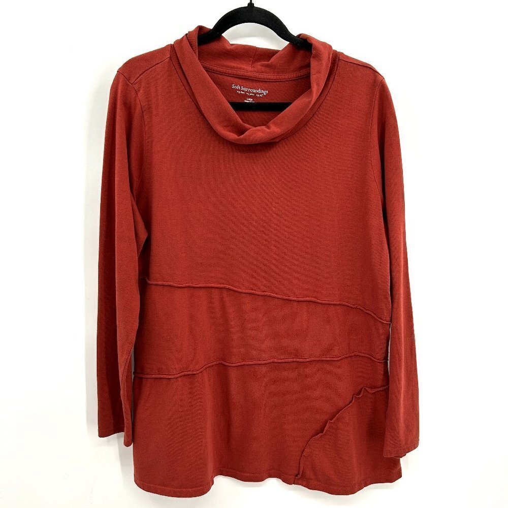 SOFT SURROUNDINGS Brick Red Cowl Neck Reverse Stitch Long Sleeve Top Size Large